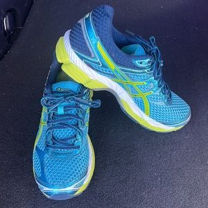 ASICS Sneakers, Aqua Blue with Neon Yellow, Size 8